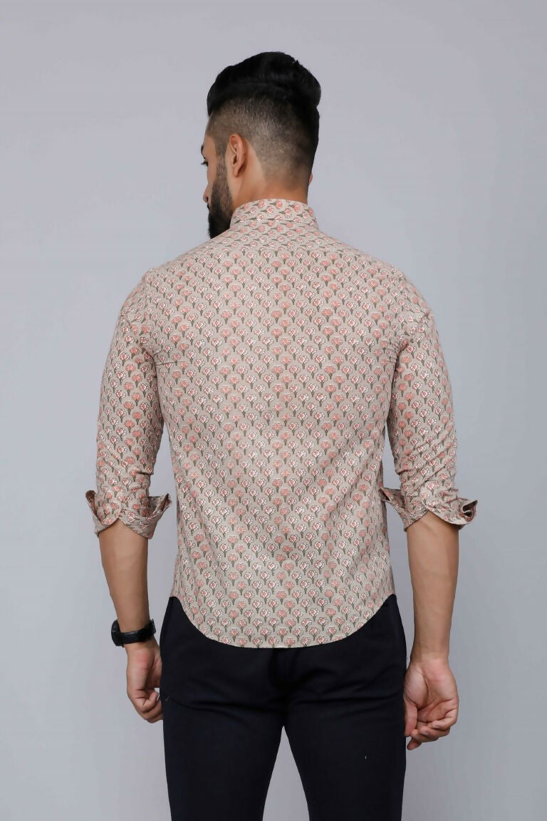 Miravan Men's Beige Pure Cotton Handblock Floral Print Shirt | Grocsy