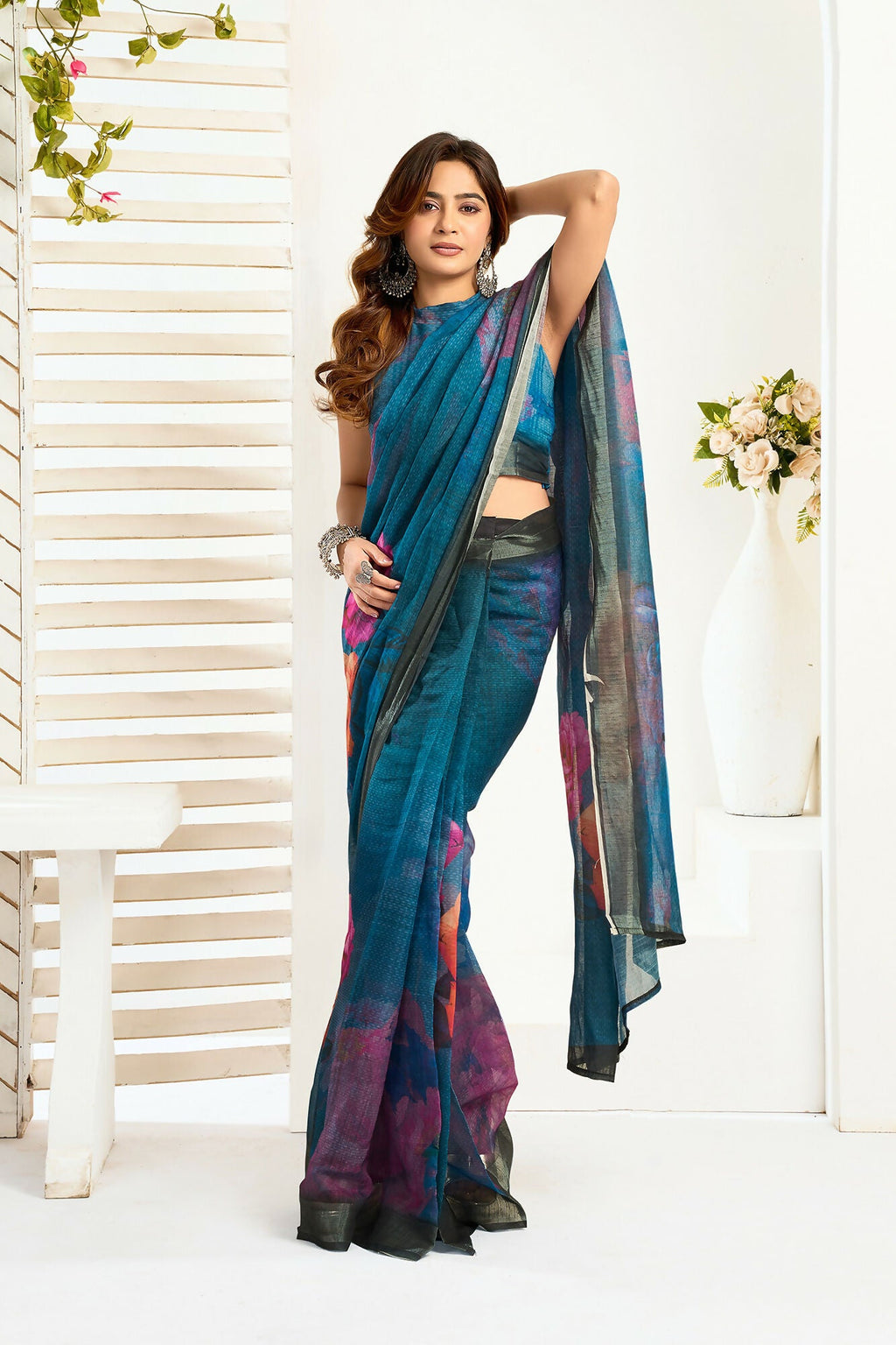 Vastranavya Teal Digital Printed Linen Ready To Wear Designer Saree with Unstitched Blouse | Grocsy