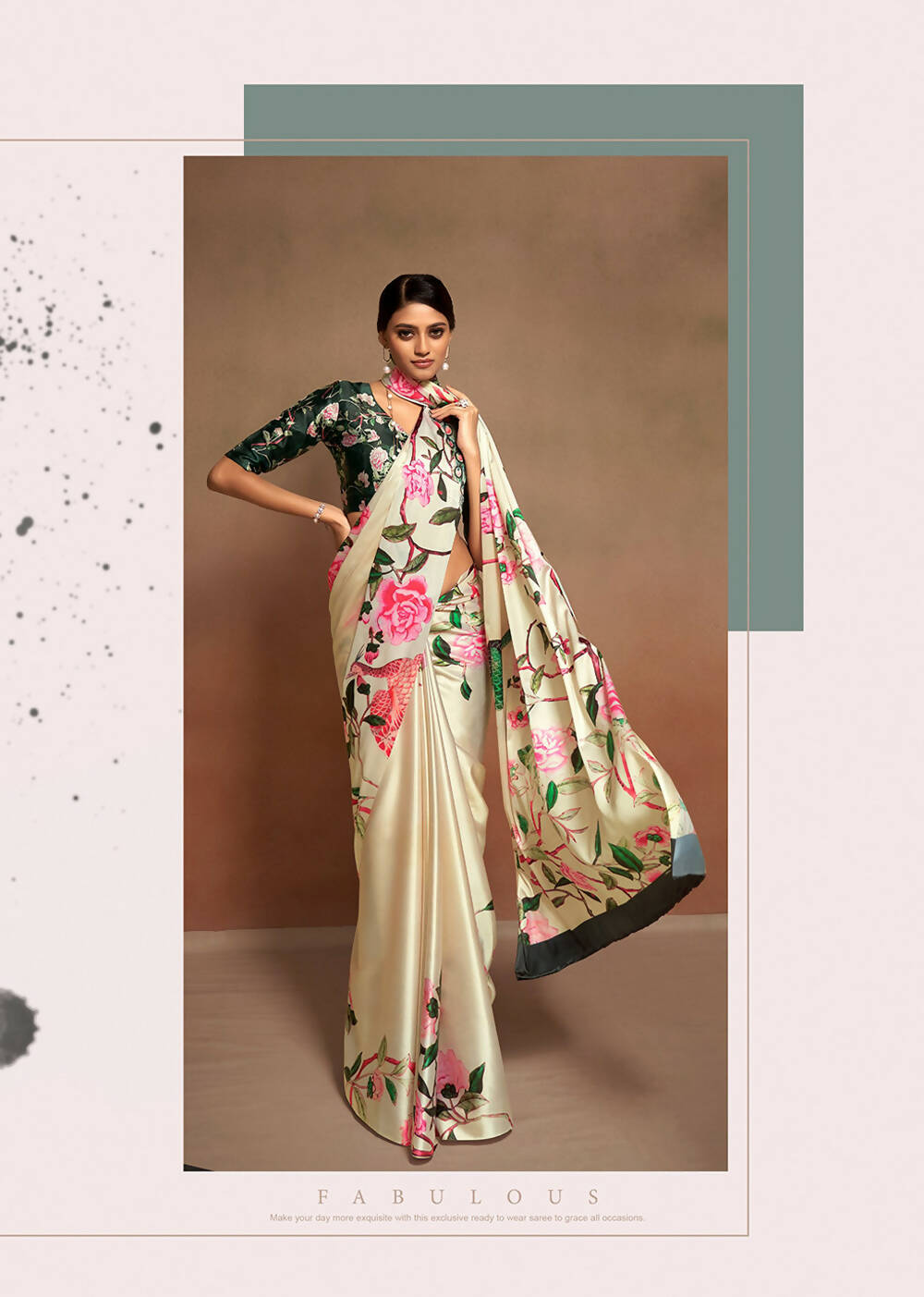 Beige Satin Digital Printed Saree with Unstitched Blouse Piece - Jodha | Grocsy