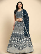 Blue Georgette Thread Embroidered Lehenga Choli with Dupatta - Tanya | Grocsy