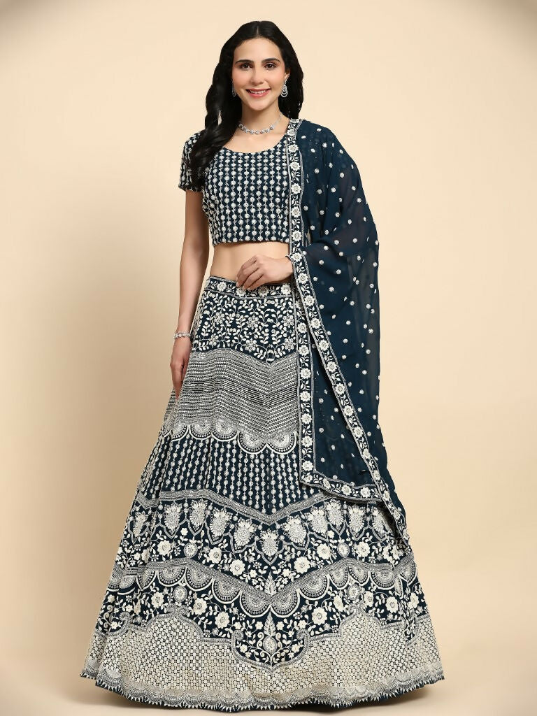 Blue Georgette Thread Embroidered Lehenga Choli with Dupatta - Tanya | Grocsy