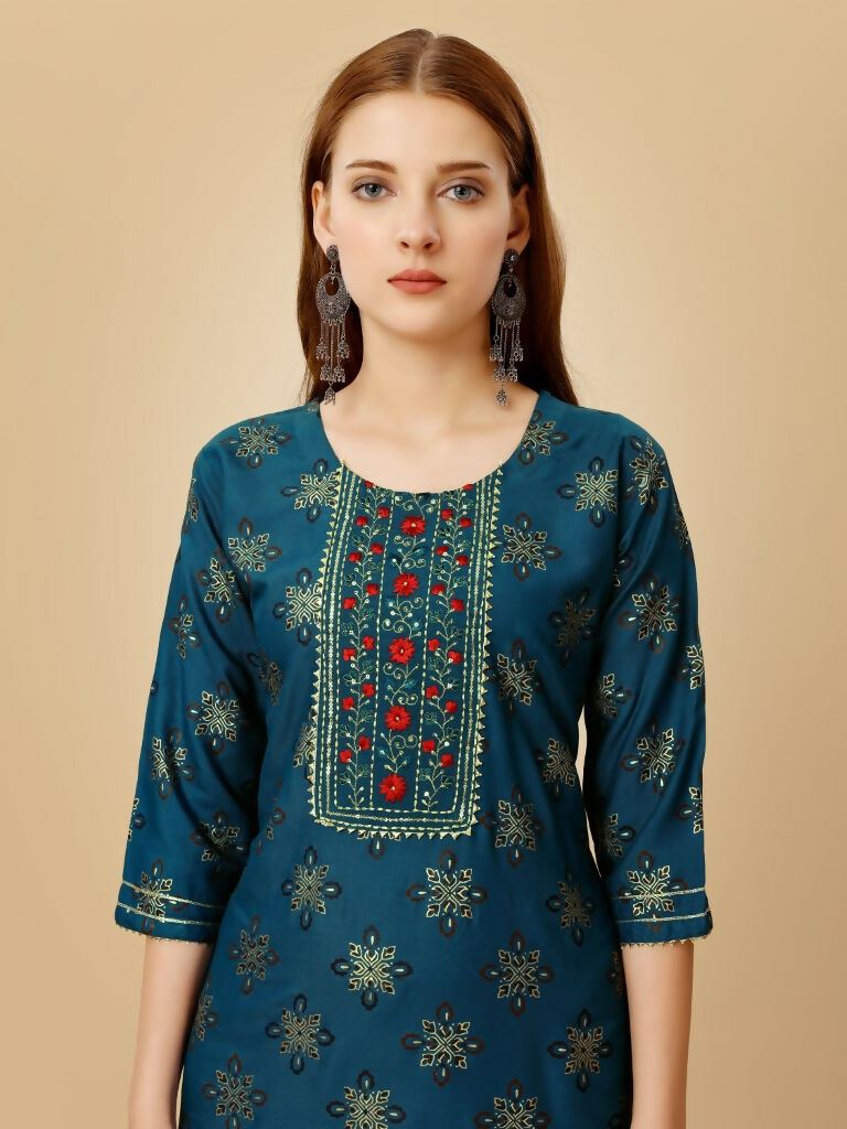 Jyoti Fashion Women's Navy Blue Viscose Rayon Embroidered Kurta Pant Set | Grocsy