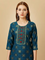 Jyoti Fashion Women's Navy Blue Viscose Rayon Embroidered Kurta Pant Set | Grocsy