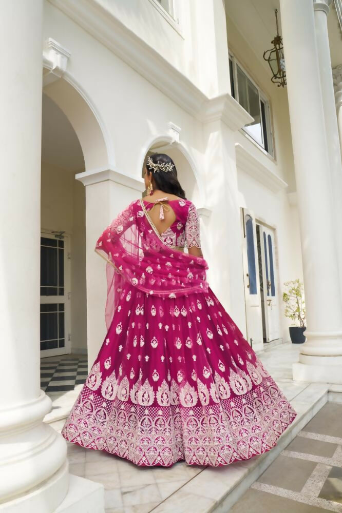 Aastha Fashion Dark Pink Butterfly Net White Cotton Thread Work And Sequence Work Embroidery Wedding Wear Lehenga Choli | Grocsy