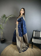 Joban Fashion Navy Blue Zari Weaving Motif Lichi Silk Banarasi Silk Saree | Grocsy