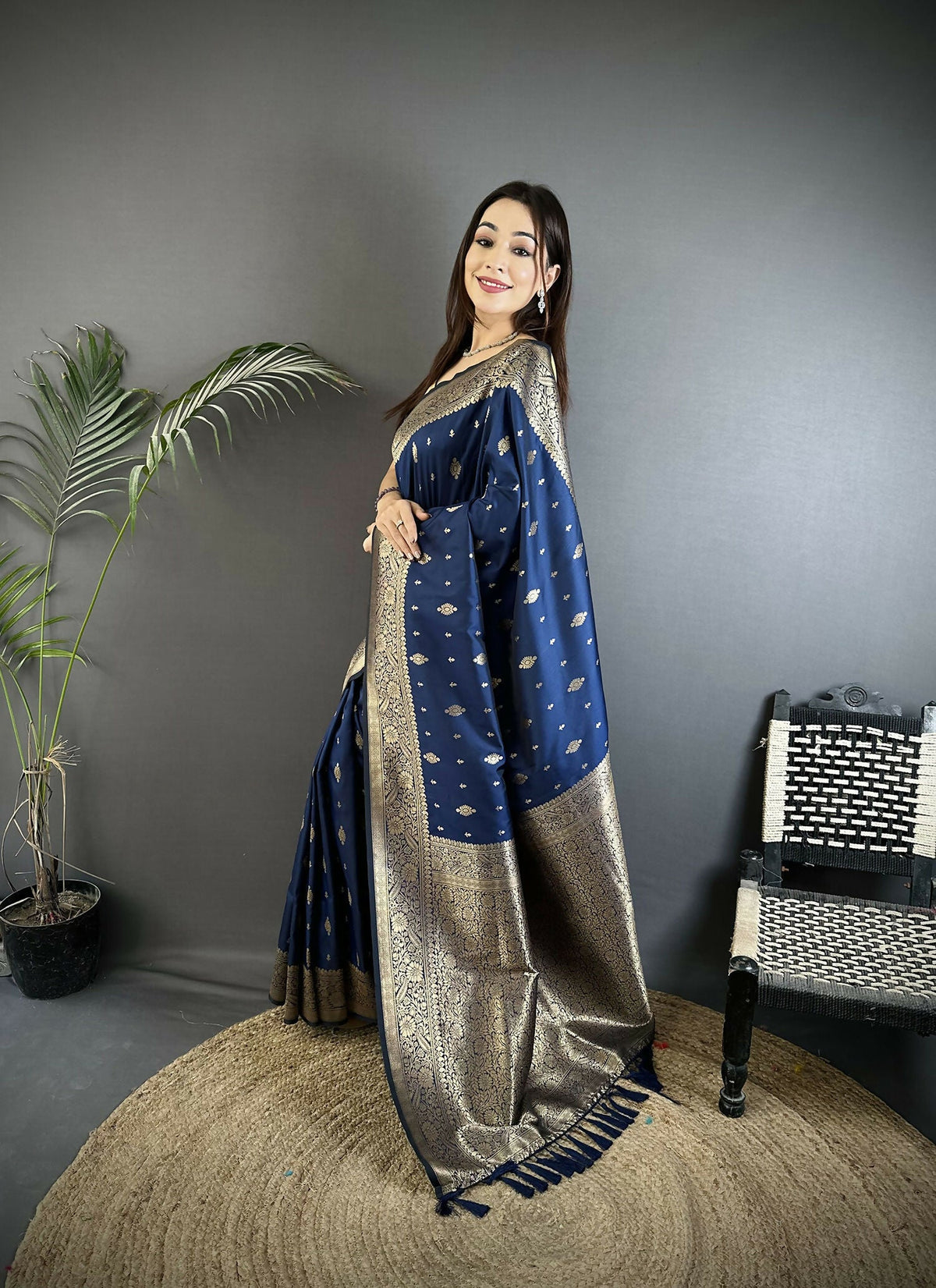 Joban Fashion Navy Blue Zari Weaving Motif Lichi Silk Banarasi Silk Saree | Grocsy