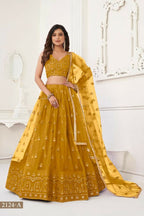 Aastha Fashion Mustard Yellow Butterfly Net Tone To Tone Thread Work And Sandwich Sequence Work Embroidery Wedding Wear Lehenga Choli | Grocsy