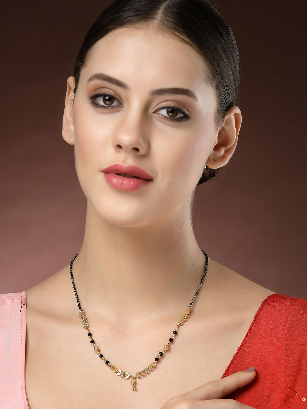 NVR Women's Short Mangalsutra Designs Gold-Polished & Black Beaded Mangalsutra | Grocsy
