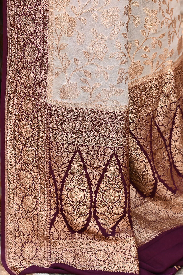 Joban Fashion Nude Grey Crepe Chiffon Pure Handloom Banarasi Silk Saree | Grocsy