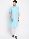 Even Apparels Blue Color Pure Cotton Men's H/S Kurta With Band Collar | Grocsy