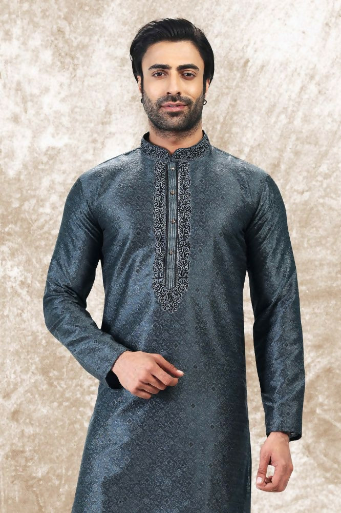 Raivat Ethnic Jacquard Silk Brocade Thread Work Kurta Pajama In Grey Colour | Grocsy