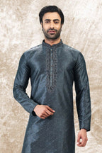 Raivat Ethnic Jacquard Silk Brocade Thread Work Kurta Pajama In Grey Colour | Grocsy