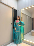 Anaita Sky-Blue Roman Shimmer Readymade Kurti Set with Handwork & Moti Work | Grocsy
