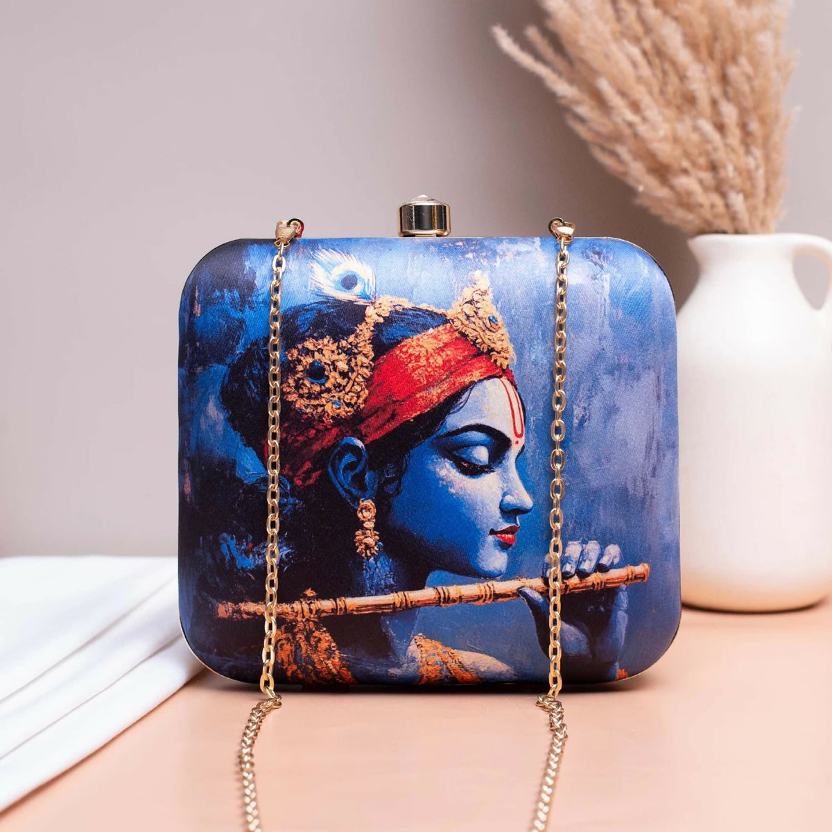 Joban Fashion Blue Based Majestic Krishna Printed Clutch - Blue | Grocsy