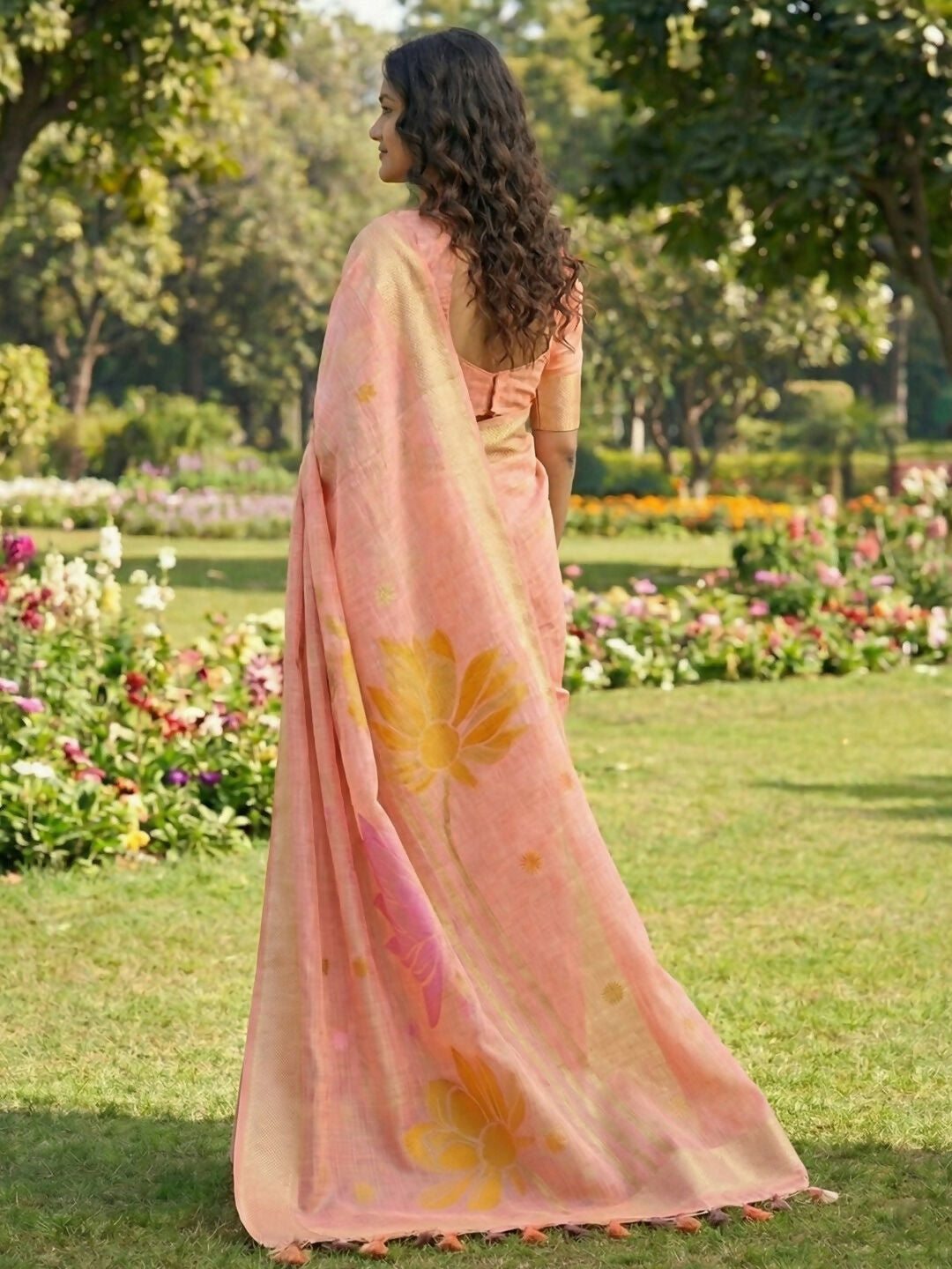 Shree Shyam Fashion Peach Linen Cotton Saree | Grocsy