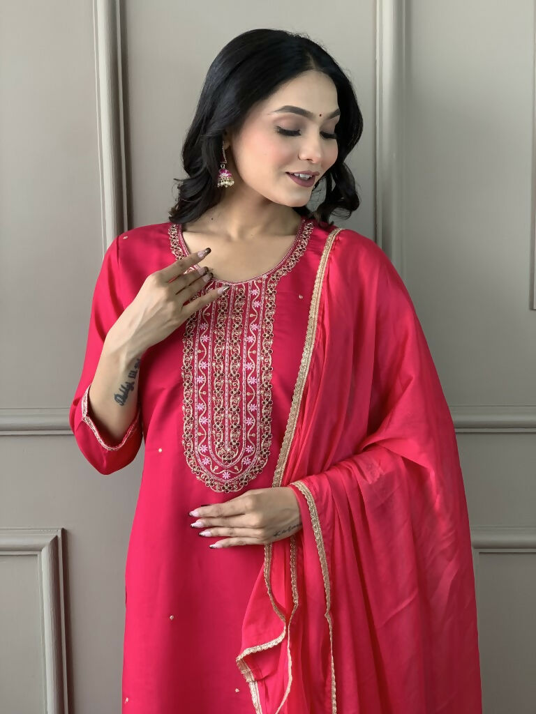 Rani Viscose chanderi Stitched Suit With Dupatta - Tanisha | Grocsy