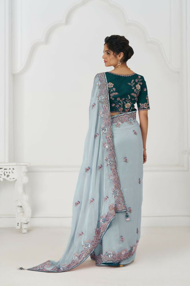 Kesar Fab Graceful Grey In Rich Silk Fendi With Zari And Sparkling Sequins Saree | Grocsy