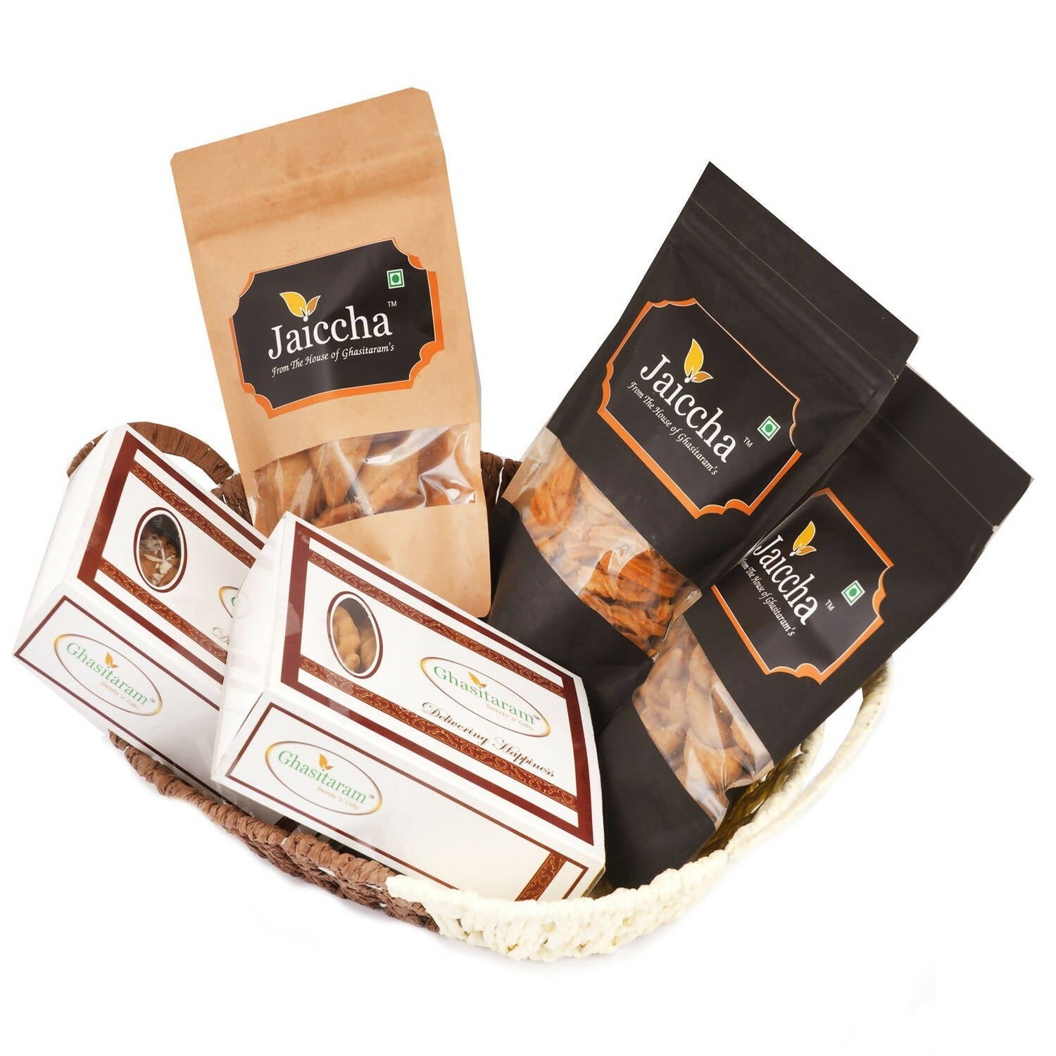 Ghasitaram Brown Basket of Traditional Gujiyas, Dry Sweet Gujiyas, Gujiya Namkeen, Soya Sticks, Farsaan Samosa & Flavoured Almonds Pouch | Grocsy