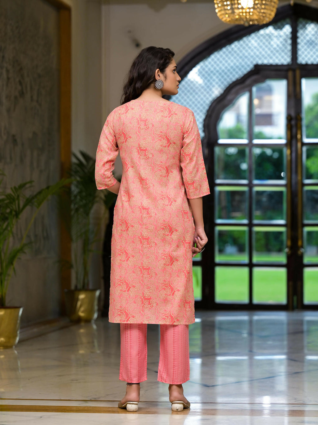 Juniper Women's Pink Ethnic Motif Printed Cotton Kurta Pant And Dupatta Set With Mirror Work & Sequins | Grocsy