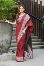 Beatitude Red Cotton Jacqaurd Border Tangail Handloom Saree | Grocsy