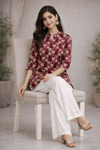 Teeya Creation Womens New Trendy Red Flower Floral Printed Short Kurti with Beige Palazzo Set | Grocsy