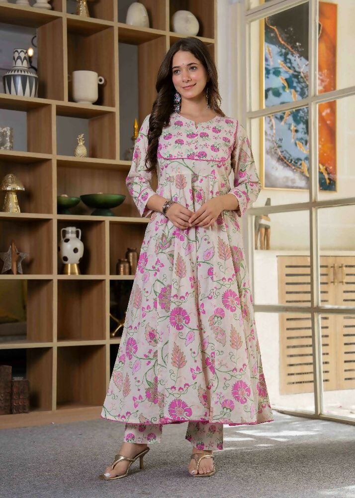 Jaimini Women Cotton Printed Round Neck 3/4 Sleeves Calf Length Flared Kurta Pant And Dupatta Set | Grocsy