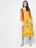Cheera Hand Block Print Yellow Straight Kurta | Grocsy