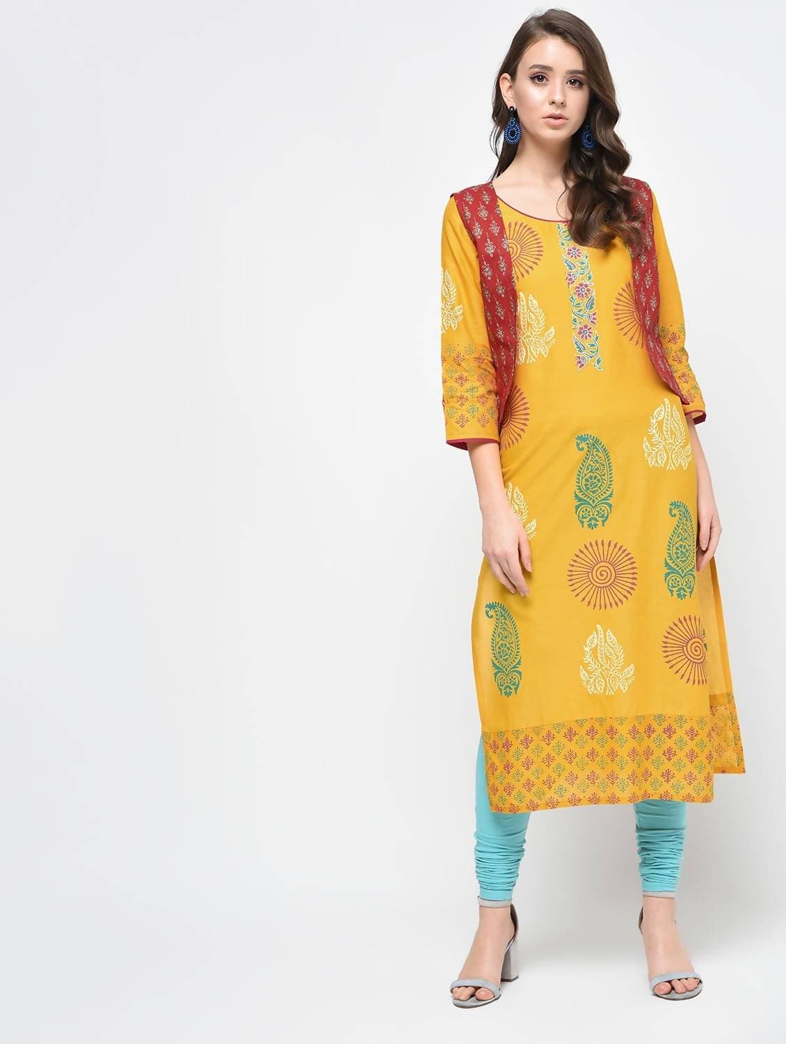 Cheera Hand Block Print Yellow Straight Kurta | Grocsy