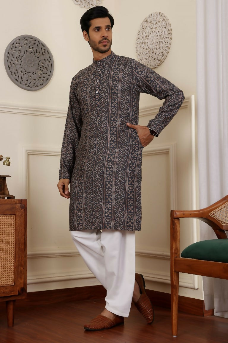 Blue Modal Silk Woven Designer Men's Rajwadi Kurta Set - Mahotsav | Grocsy