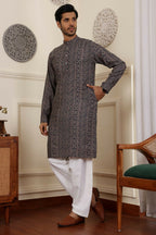 Blue Modal Silk Woven Designer Men's Rajwadi Kurta Set - Mahotsav | Grocsy