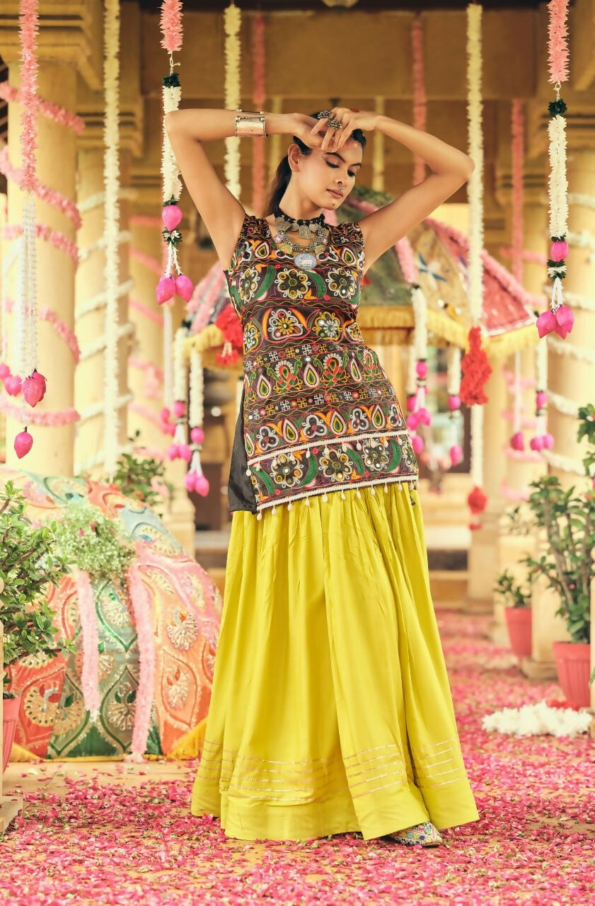 Teeya Creation Lemon Yellow Colour Rayon Silk Embroidery Work Fully Stitched Navratri Lehenga | Grocsy