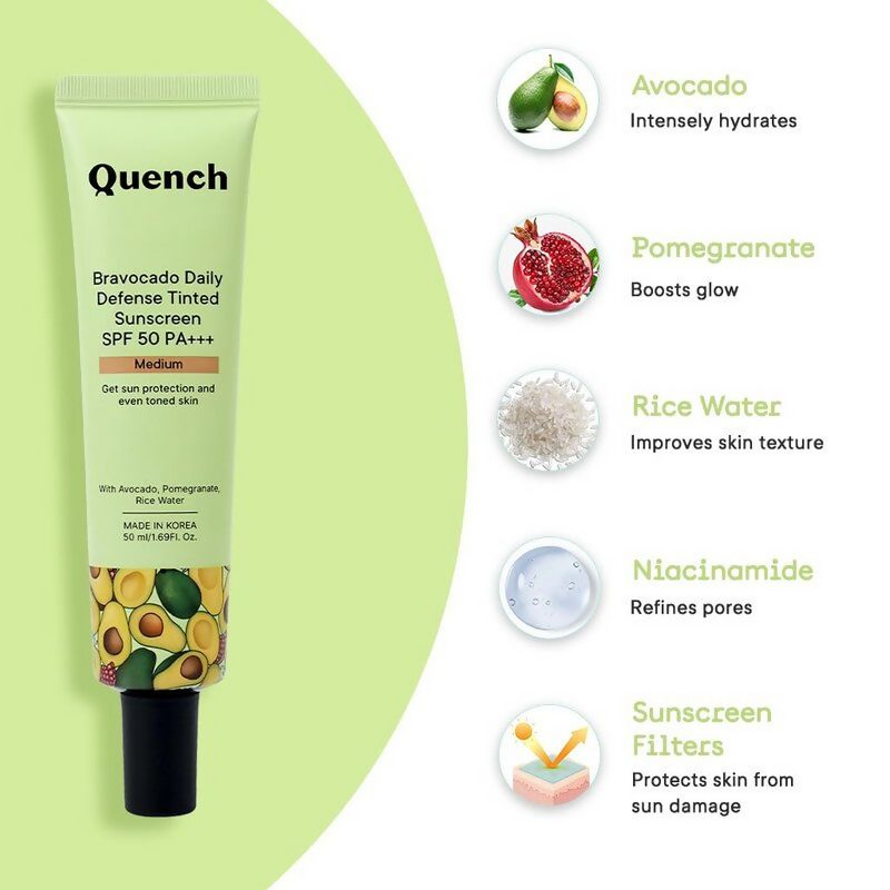 Quench Vitamin E Tinted SPF 50 Sunscreen PA+++ with both Mineral & Chemical Actives (Medium) | Grocsy