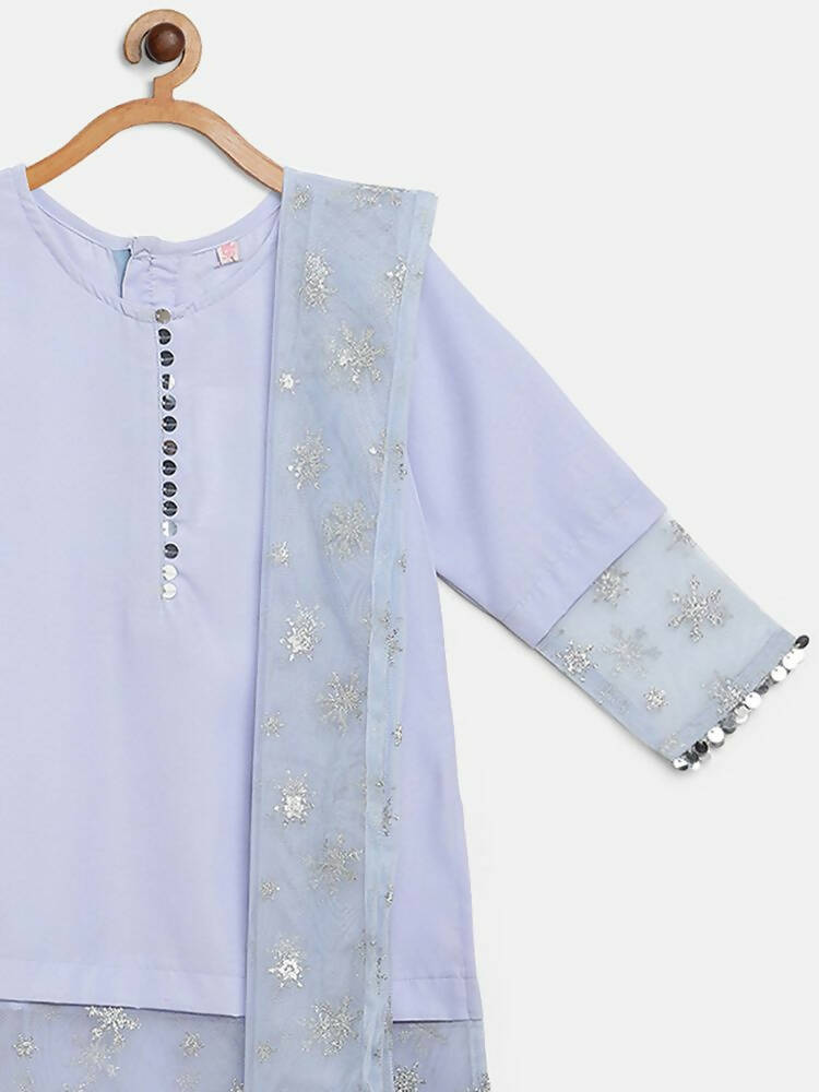 Ahalyaa Blue Crepe Silver Glitter Print Kids Kurta Palazzo Set With Dupatta For Girls | Grocsy