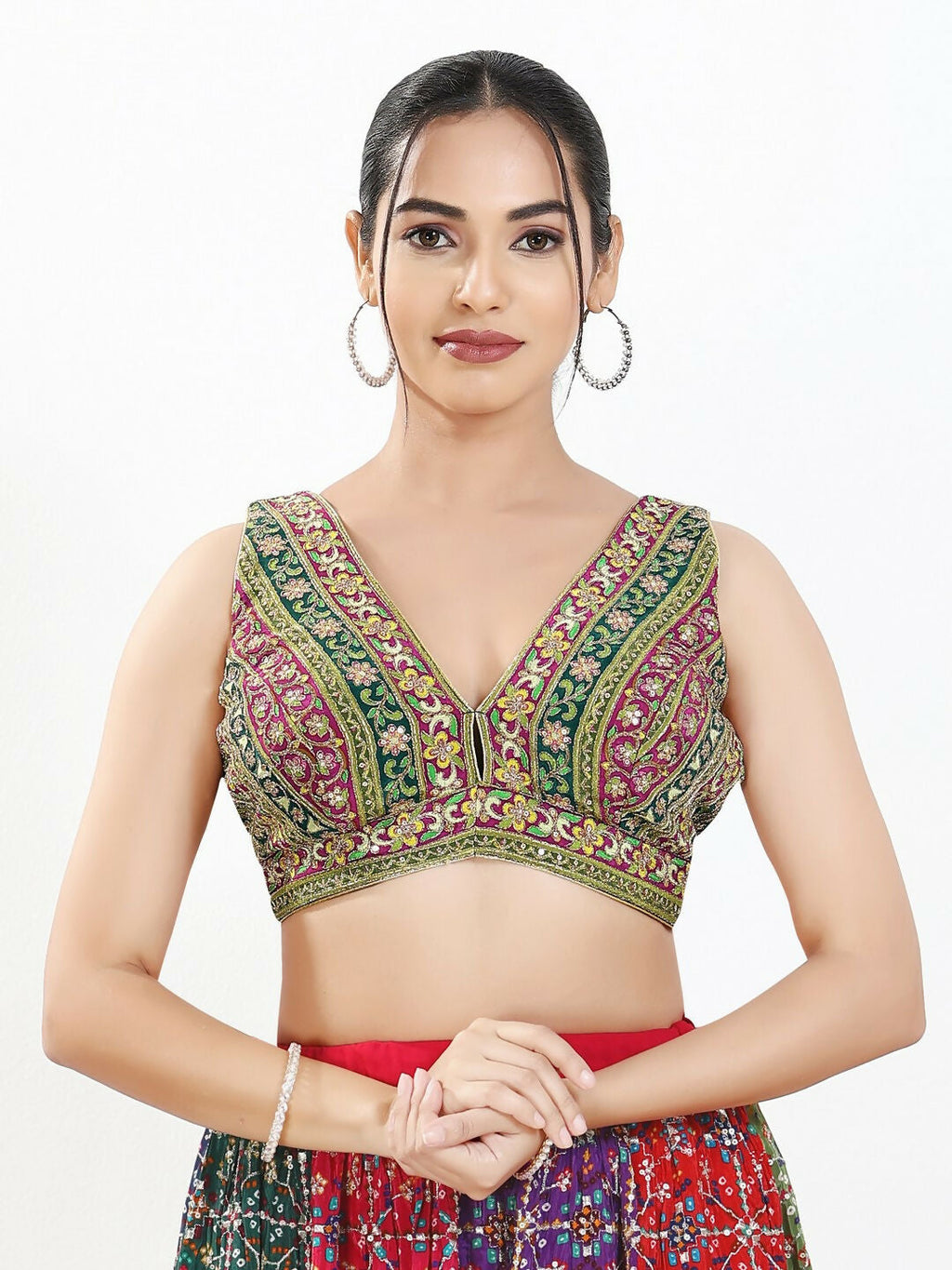 Joban Fashion Green Multi Georgette Padded Blouse With V Neck Sleeveless | Grocsy