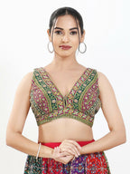 Joban Fashion Green Multi Georgette Padded Blouse With V Neck Sleeveless | Grocsy
