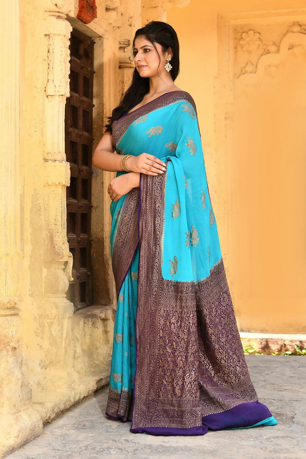 Joban Fashion Sky Blue Crepe Chiffon Pure Handloom Banarasi Silk Saree | Grocsy
