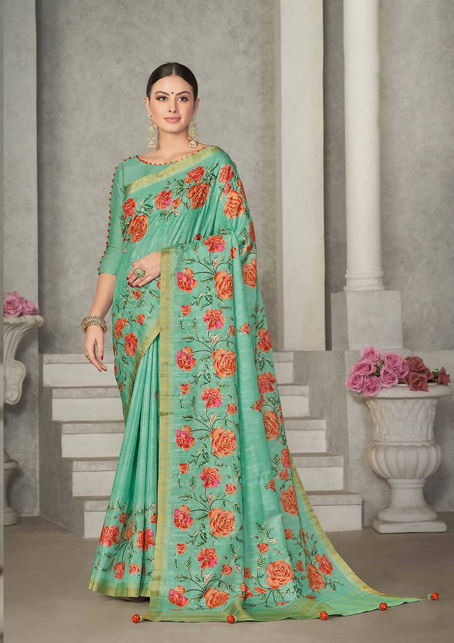 Sea Green Rangkat Tussar Silk Woven Design Saree with Unstitched Blouse - Mohmanthan Eshani | Grocsy