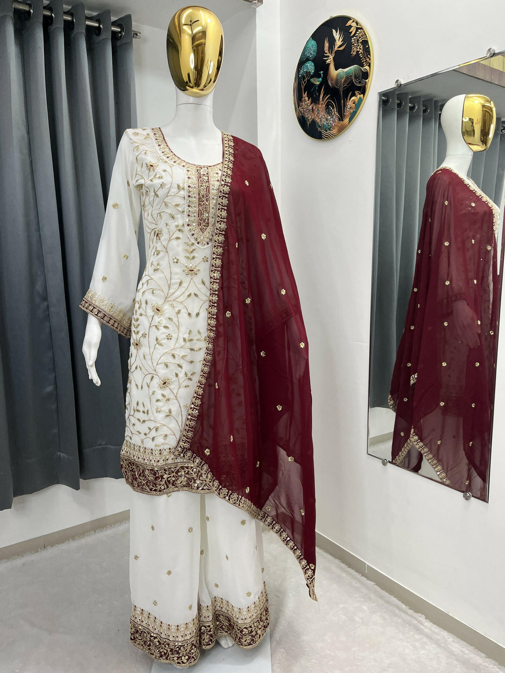 Teeya Creation White Color Faux Georgette Embroidery Work Long Party Wear Palazzo Suit | Grocsy