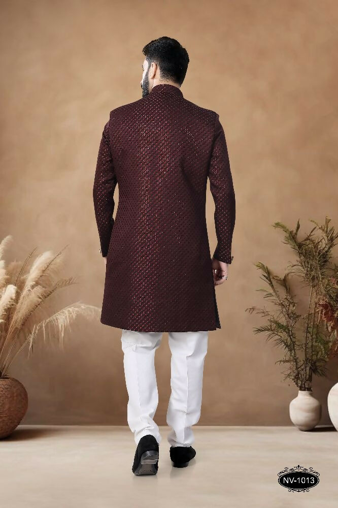 Joban Fashion Men's Maroon Straight Silk Thread & Sequence Embroidery All Over Indo-Western Kurta Set | Grocsy