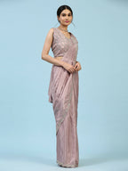 Lavendar Silk Satin Plain Ready to wear Saree with stitched Blouse - Vrinda | Grocsy