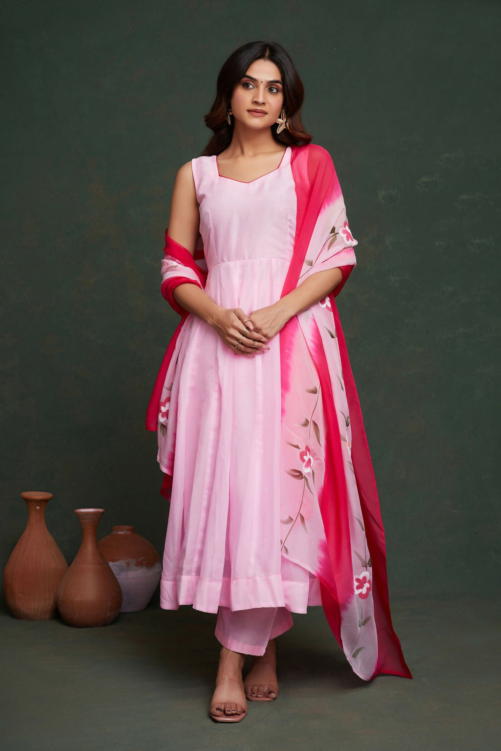 Aayaa Viscose Organza Dyeable Hand Painted Suit - Light Pink | Grocsy