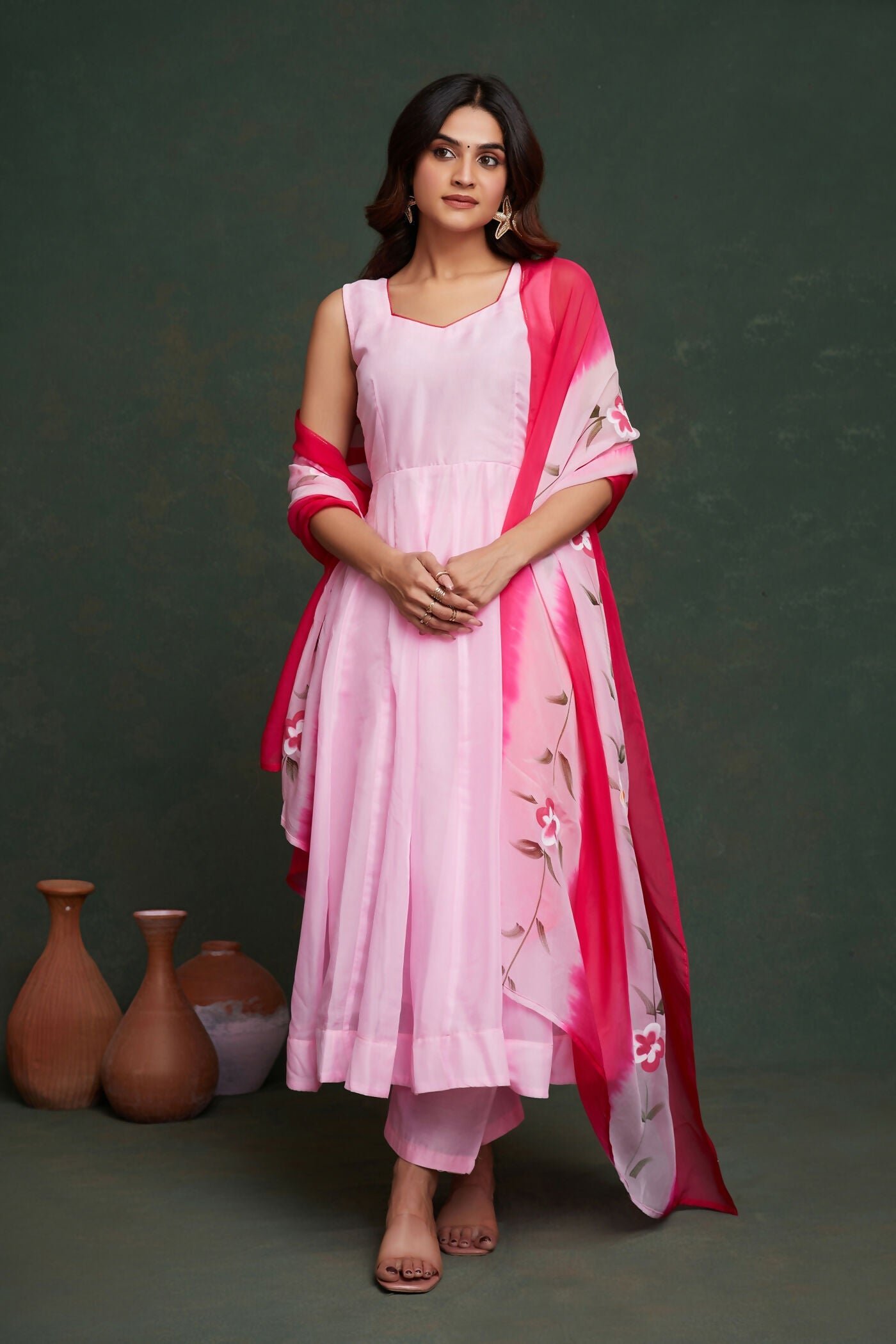 Aayaa Viscose Organza Dyeable Hand Painted Suit - Light Pink | Grocsy