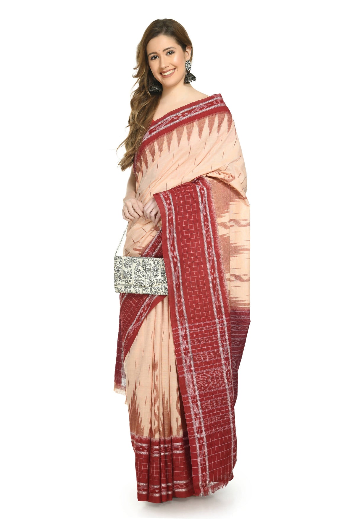Vamika Sambalpuri Ikat Cotton Scot Dali Tasrite & Maroon Saree | Grocsy