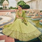 Olive Green Heavy Viscose Khatli, Embroidery & Mirror Work Unstitched Lehenga Choli - Sisha Keshav | Grocsy