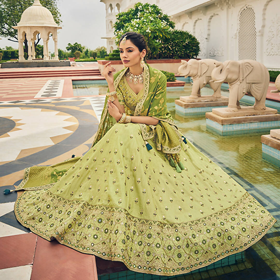 Olive Green Heavy Viscose Khatli, Embroidery & Mirror Work Unstitched Lehenga Choli - Sisha Keshav | Grocsy