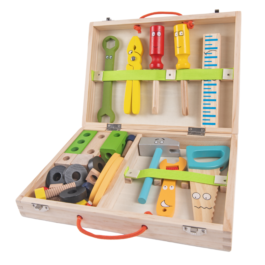 Nesta Toys Wooden Tool Kit Set with Tool Box, Pretend Play Portable Construction Tools Kit Toys for Kids, 36 Piece (3-8 Years) | Grocsy