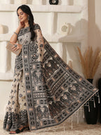 Shree Shyam Fashion Linen Cotton Black & Cream Saree | Grocsy