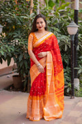 Red Jute Silk Ethnic Motifs Saree with Unstitched Blouse - Hiral Fashion | Grocsy