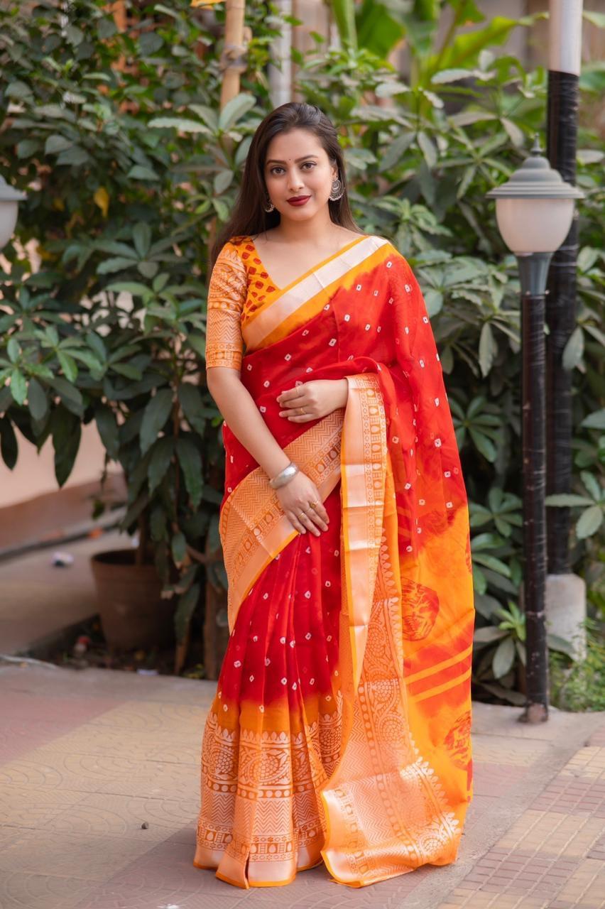 Red Jute Silk Ethnic Motifs Saree with Unstitched Blouse - A2M | Grocsy