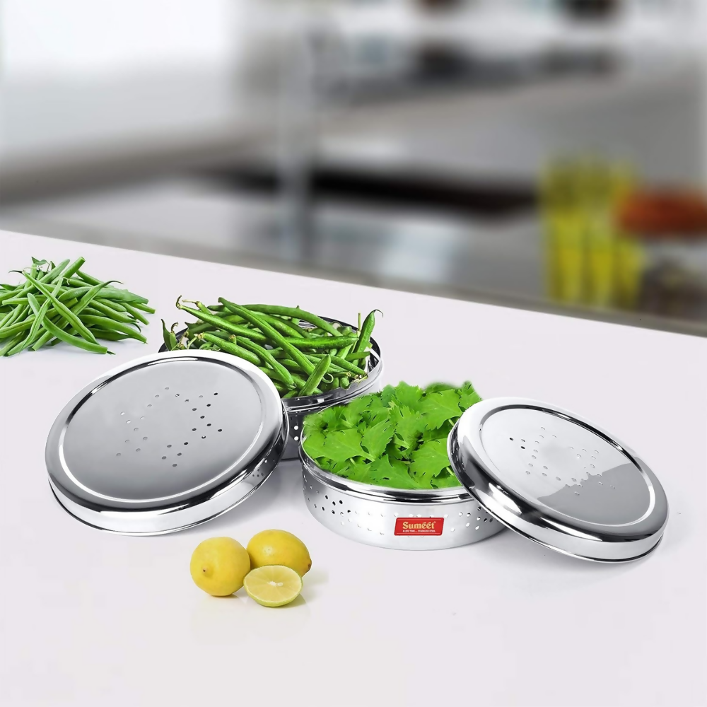 Sumeet Stainless Steel Hole Puri Dabbas/Sprout Maker/Flat Canisters With Air Ventilation | Grocsy